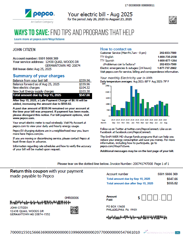 download download USA Pepco utility bill template in Word and PDF formats, version 2 PDF template PDF template